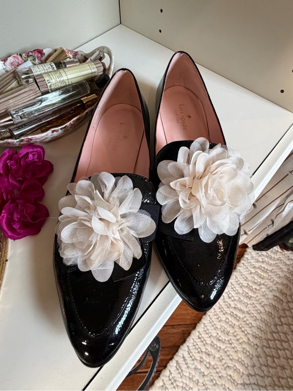 kate spade Black Patent Loafers with Cream Fabric Flowers